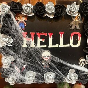 Halloween Themed Party Sign with Black and Gray Roses